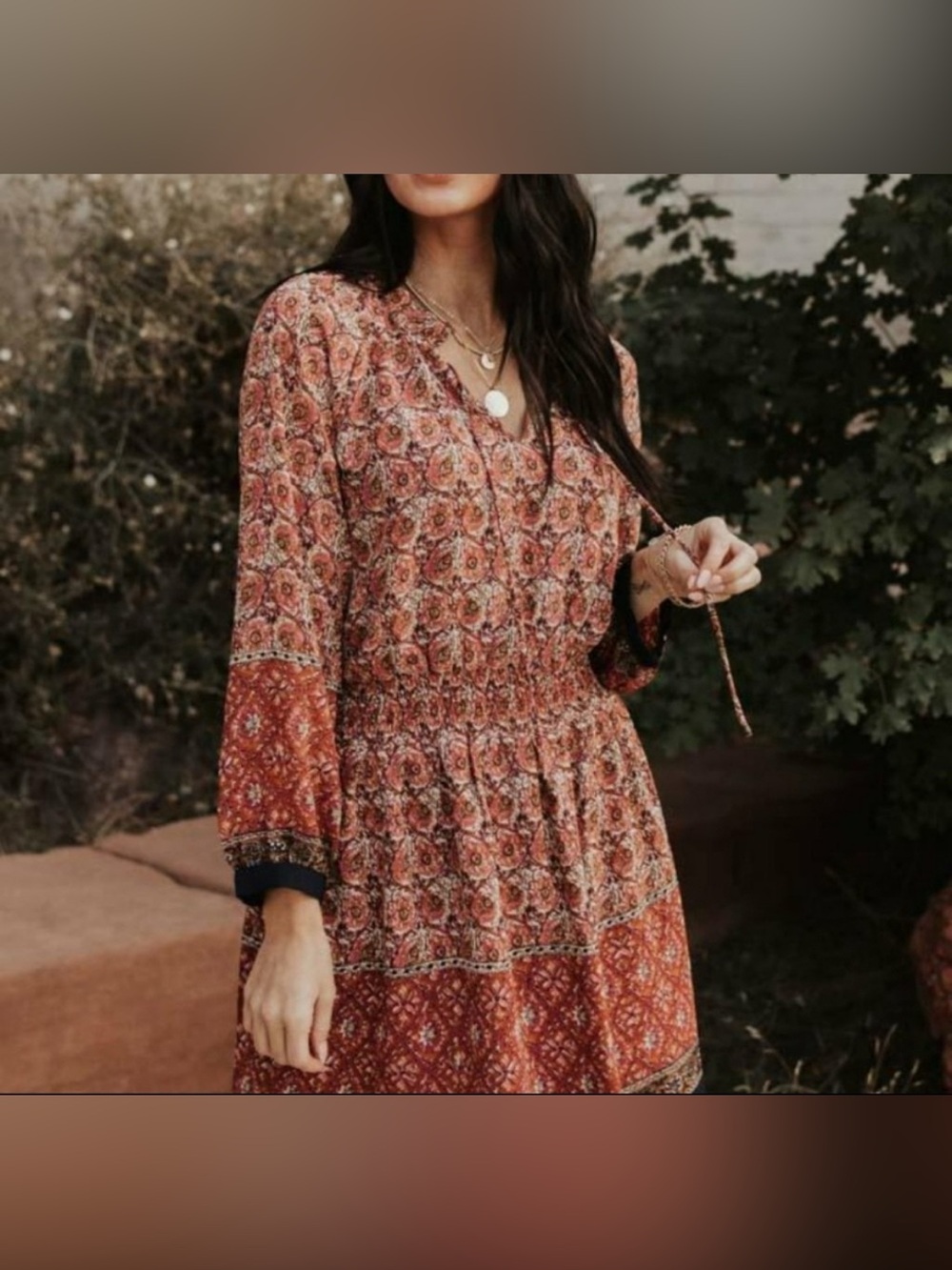 Bohme Boho Printed Long-Sleeve Dress in Rust